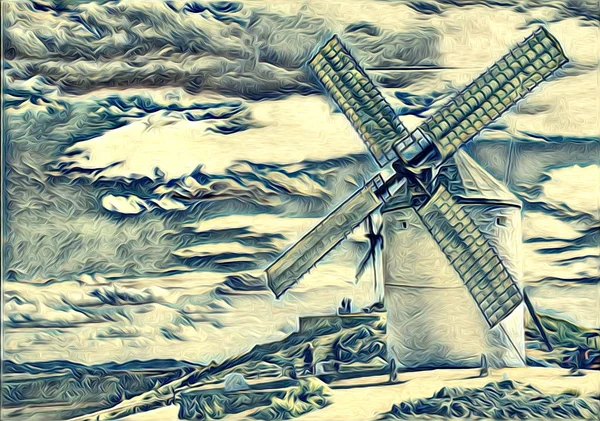 windmill old retro vintage art painting