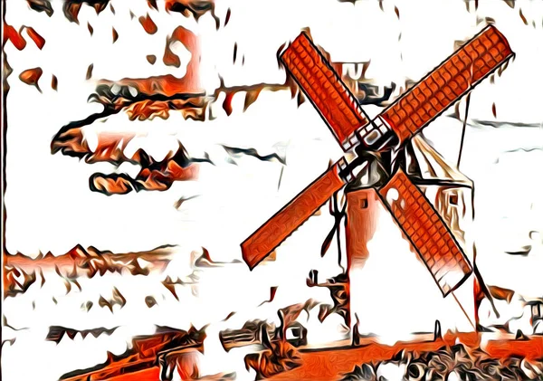 Windmill Gamla Retro Vintage Konst Måleri — Stockfoto