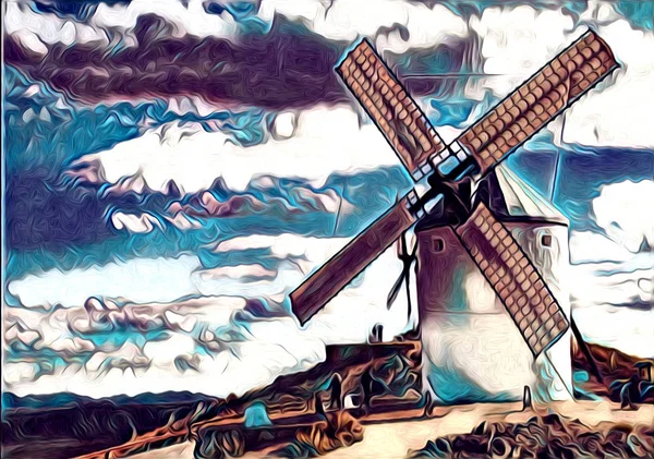 windmill old retro vintage art painting