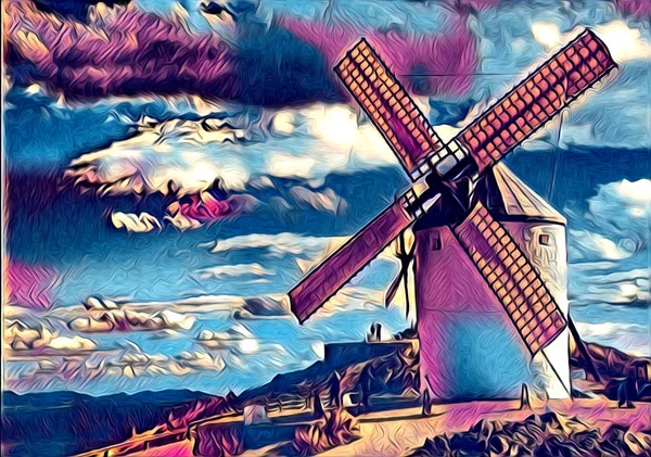 Windmolen Van Oude Retro Vintage Kunst Schilderij — Stockfoto