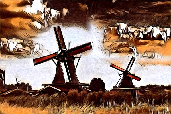 windmill old retro vintage art painting
