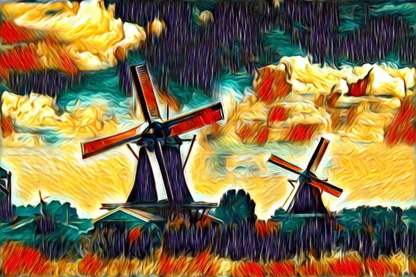 Windmolen Van Oude Retro Vintage Kunst Schilderij — Stockfoto