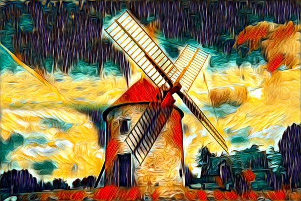 Windmolen Van Oude Retro Vintage Kunst Schilderij — Stockfoto