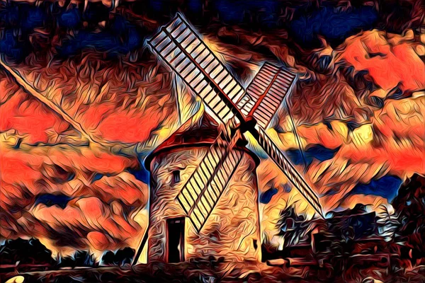 Windmolen Van Oude Retro Vintage Kunst Schilderij — Stockfoto