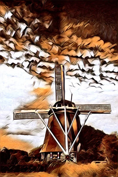 風車の古いレトロ ビンテージ アート絵画 — ストック写真
