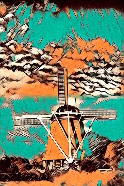 Windmill Gamla Retro Vintage Konst Måleri — Stockfoto