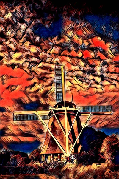 Windmill Old Retro Vintage Art Painting — Stock Photo, Image