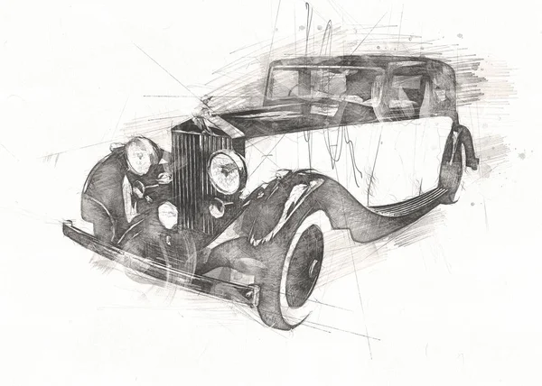 Starý Klasický Auto Retro Vintage Kresba — Stock fotografie