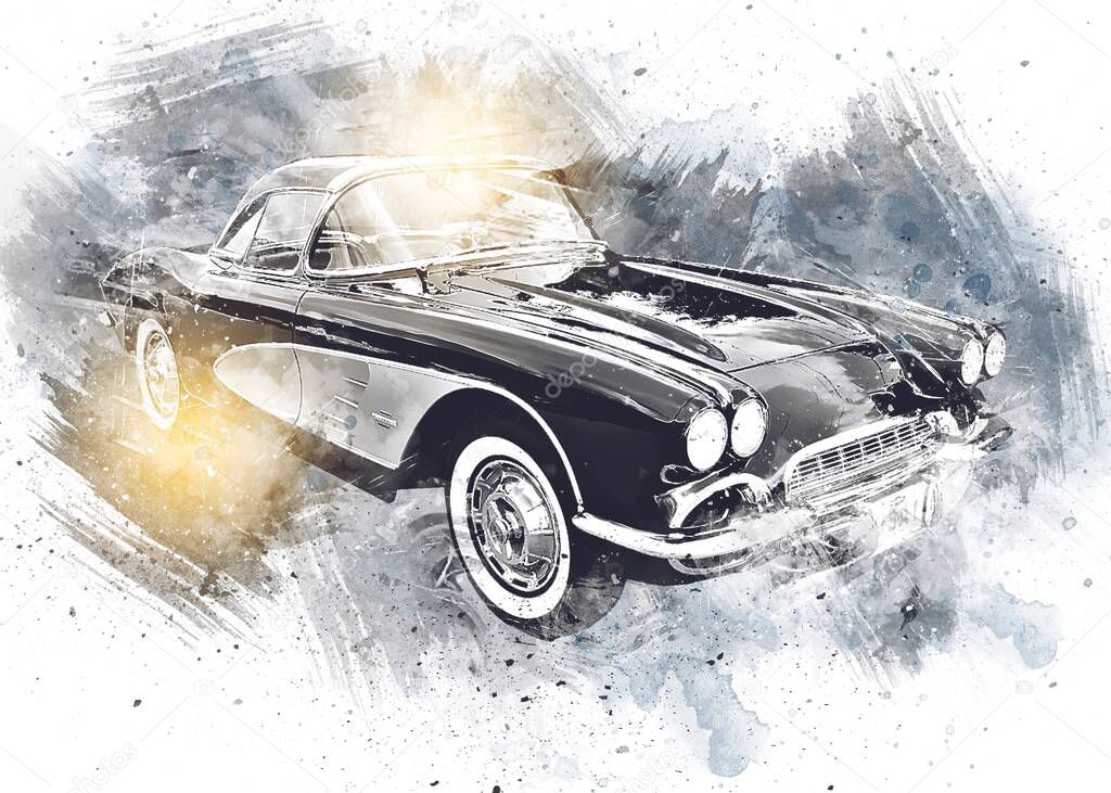old classic car retro vintage drawing