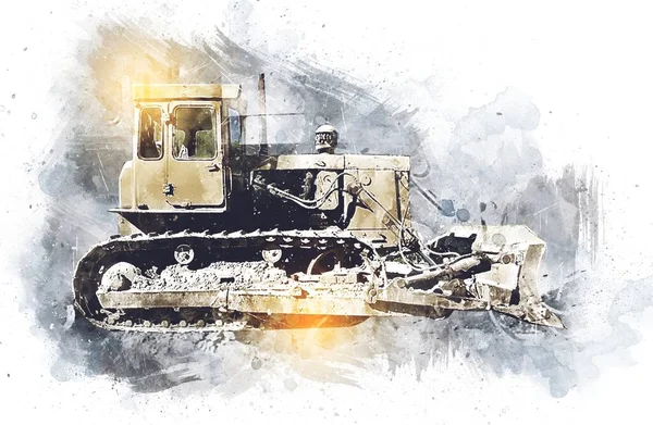 Bulldozer Ilustração Cor Arte Grunge Desenho Vintage — Fotografia de Stock