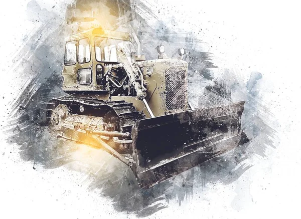 Bulldozer Illustratie Kleur Kunst Grunge Tekening Vintage — Stockfoto