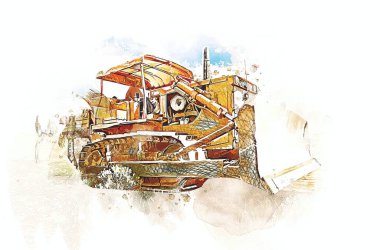 Buldozer illüstrasyon renk sanat grunge vintage çizim