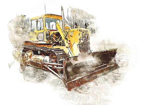 Bulldozer Ilustração Cor Arte Grunge Desenho Vintage — Fotografia de Stock