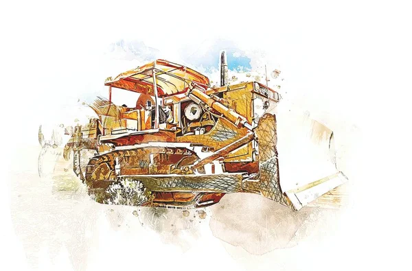 Bulldozer Illustratie Kleur Kunst Grunge Tekening Vintage — Stockfoto