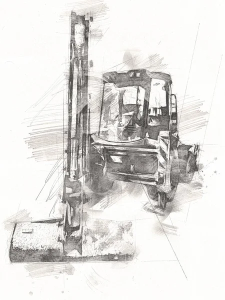 Excavatrice Tracteur Illustration Couleur Isolé Travail Art — Photo