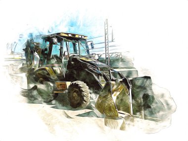 Kazı makinesi traktör çizimi rengi izole edilmiş antika sanat eserleri