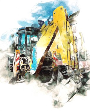 Kazı makinesi traktör çizimi rengi izole edilmiş antika sanat eserleri