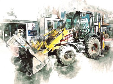 Kazı makinesi traktör çizimi rengi izole edilmiş antika sanat eserleri