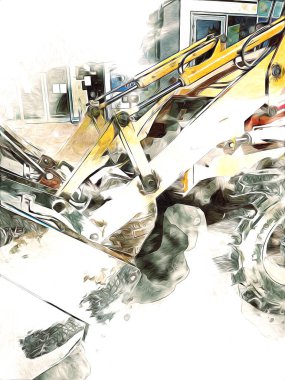 Kazı makinesi traktör çizimi rengi izole edilmiş antika sanat eserleri