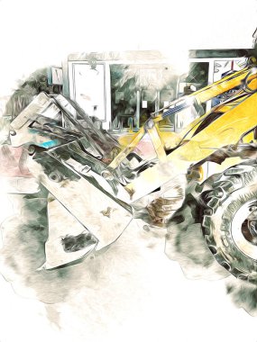 Kazı makinesi traktör çizimi rengi izole edilmiş antika sanat eserleri