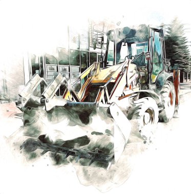 Kazı makinesi traktör çizimi rengi izole edilmiş antika sanat eserleri