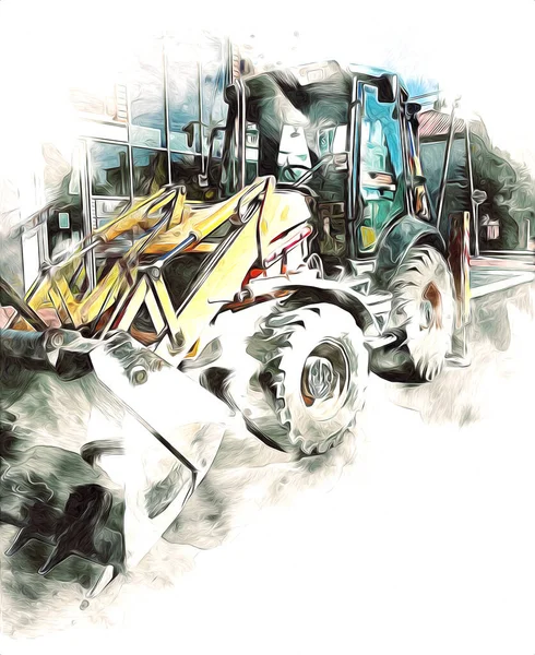 Excavator Tractor Ilustrare Culoare Izolat Artă Lucrare Antică Vechi — Fotografie, imagine de stoc