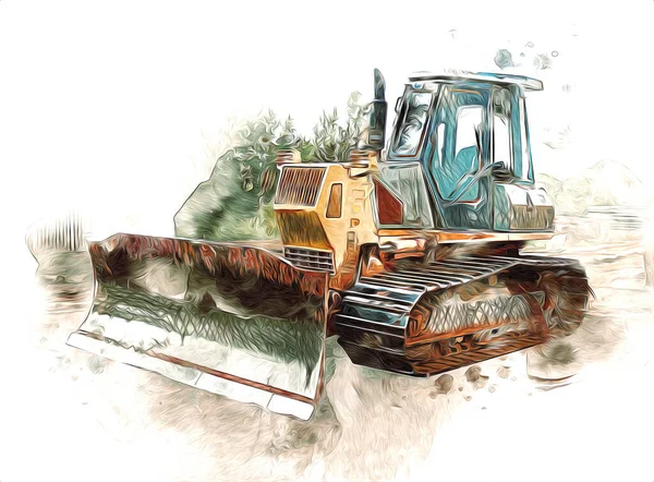 Bulldozer Ilustración Color Arte Grunge Dibujo Vintage —  Fotos de Stock