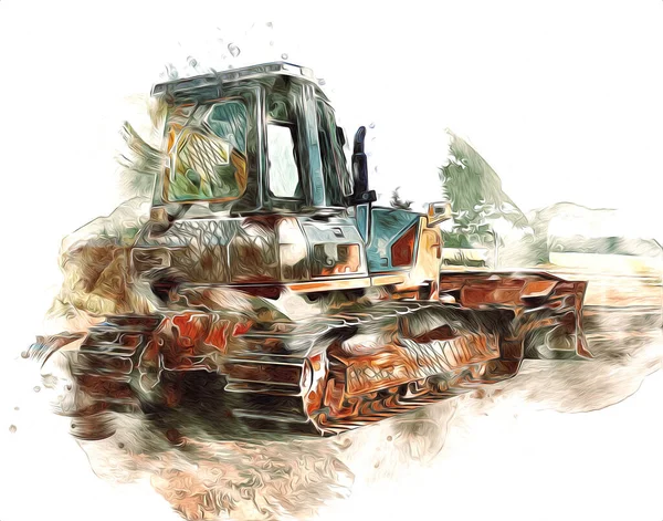 Bulldozer Ilustración Color Arte Grunge Dibujo Vintage —  Fotos de Stock