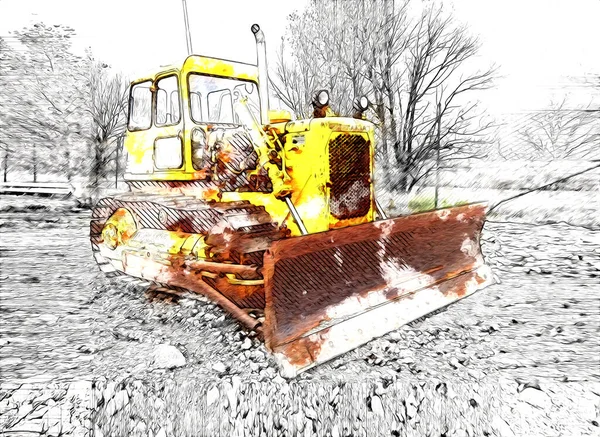 Bulldozer Ilustração Cor Arte Grunge Desenho Vintage — Fotografia de Stock