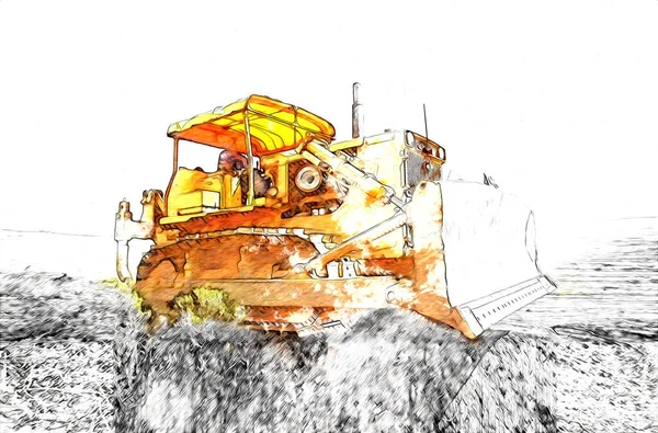 Bulldozer Ilustração Cor Arte Grunge Desenho Vintage — Fotografia de Stock