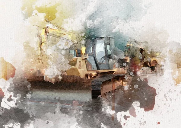 Bulldozer Ilustración Color Arte Grunge Dibujo Vintage — Foto de Stock