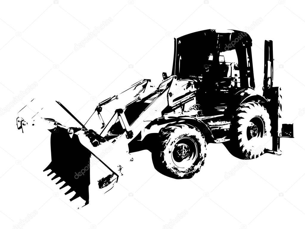 Excavator tractor illustration color isolated art work antique old