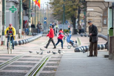 Timisoara, Romanya - 17 Kasım 2019: Tramvay bekleyen adam. Gerçek insanlar..