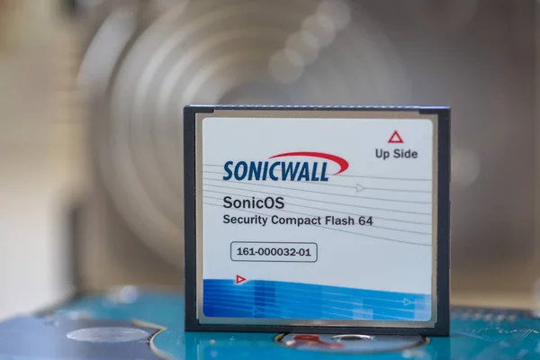 TIMISOARA, ROMANIA - SEPTEMBER 15, 2019: Close-up of a compact flsah card. SONICWALL SonicOS Security Compact Flash