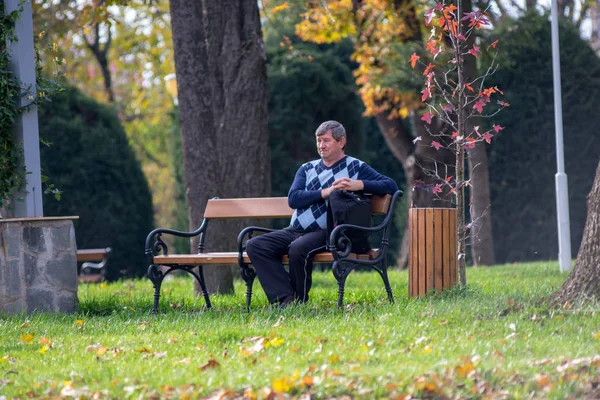 Temesvár Románia 2019 November Ember Egy Padon Egy Parkban Valódi — Stock Fotó