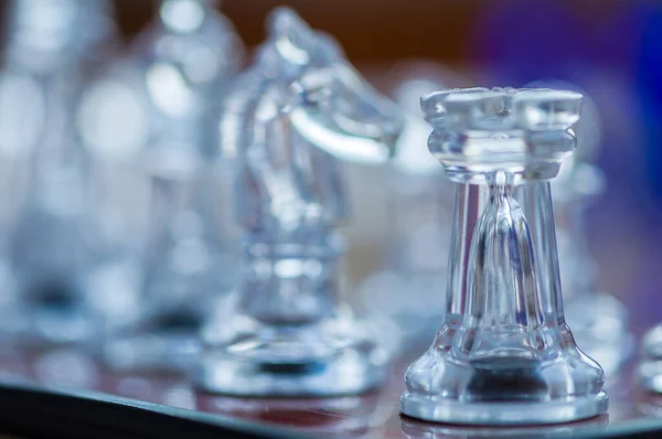 Close Transparent Rook Chess Piece Sitting Chessboard Shallow Depth Field — Stock Photo, Image