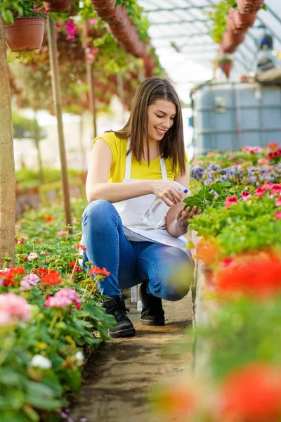 Giardiniere Femminile Moderno Spruzza Fiori Con Acqua Sorridendo Illuminazione Naturale — Foto Stock