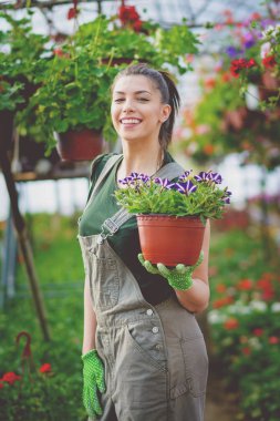 Neşeli Çiçekçi Çiçek bir pot tutan sera içinde. Haki yeşilimsi tulum çiçekli kadın bahçıvan. Mat filtre.