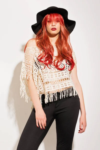 Young Woman Long Red Hair Wearing Crochet Top Black Hat — Stock Photo, Image