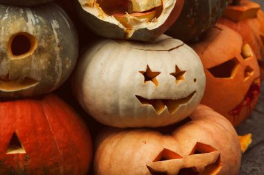 Mevsimlik tatil kavramı. Komik Halloween pumpkins gülümseyen bir grup