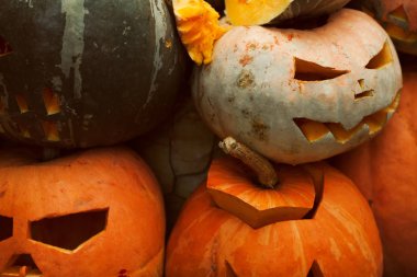 Mevsimlik tatil kavramı. Komik Halloween pumpkins gülümseyen bir grup