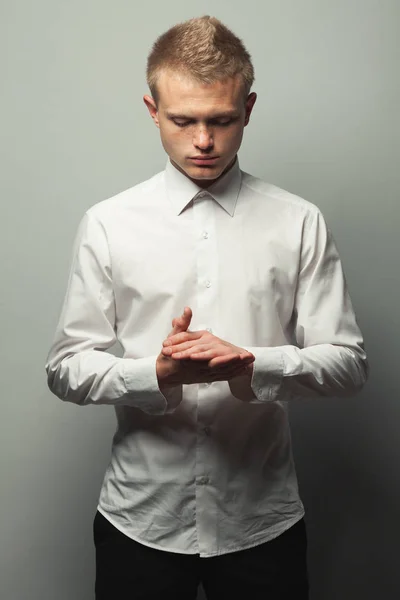 Fashionista concept. Portrait of brutal young man with short blond hair — Stock Photo, Image