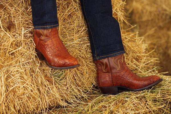 Concetto Rodeo Occidentale Americano Uomo Blue Jeans Stivali Cowboy Tradizionali — Foto Stock
