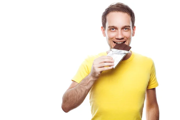 Sweet Tooth Concept Portrait Smiling Handsome Young Guy Holding Tablet — Stock Photo, Image