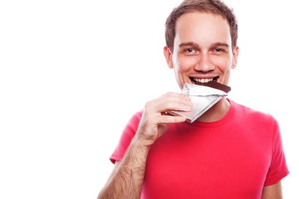 Sweet Tooth Concept Portrait Smiling Handsome Young Guy Holding Tablet — Stock Photo, Image