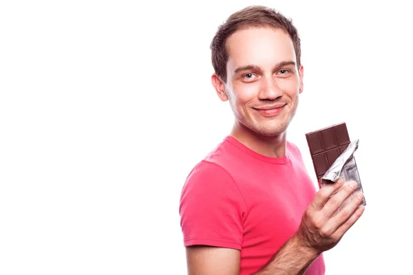 Sweet Tooth Concept Portrait Smiling Handsome Young Guy Holding Tablet — Stock Photo, Image