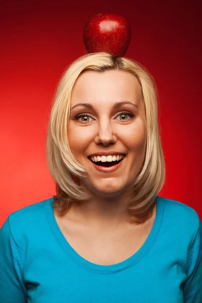 Portrait Laughing Beautiful Student Girl Posing Red Background Red Apple — Stock Photo, Image