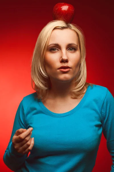 Portrait Thinking Young Student Girl Posing Red Background Apple Head — Stock Photo, Image