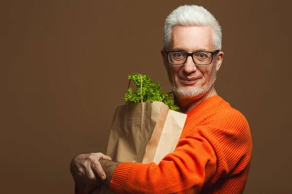 Oude Hipster Vegan Concept Portret Van Modieuze Jarige Man Oranje — Stockfoto