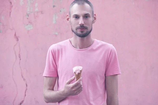 Concetto Ossessione Colore Giovane Bel Ragazzo Hipster Con Barba Mangiare — Foto Stock